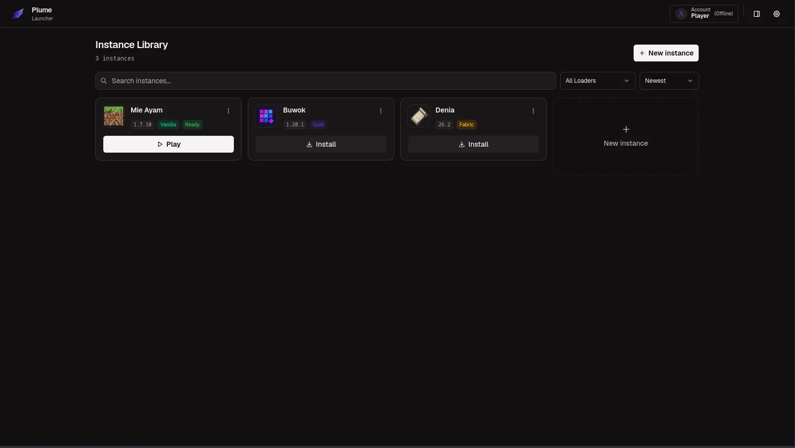 Plume Launcher showing its Instance Library with three Minecraft instances